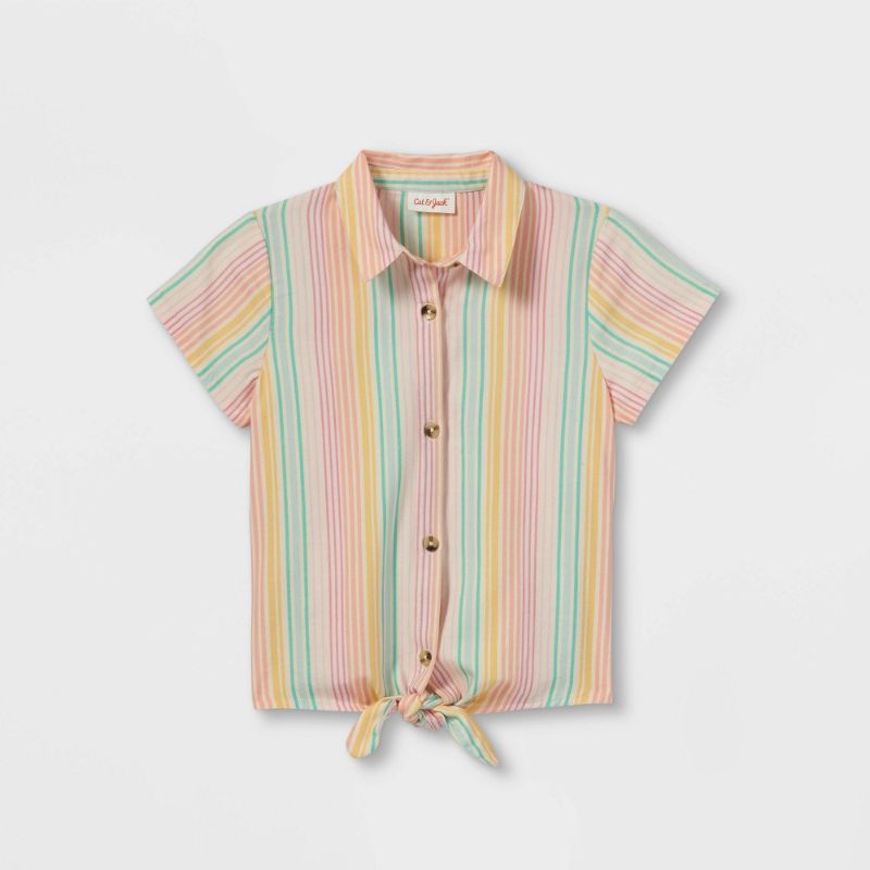 Photo 1 of Girls' Button-Down Tie-Front Short Sleeve Woven Shirt - Cat & Jack™ M 7/8
