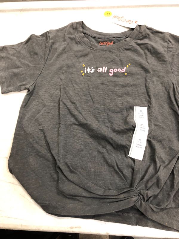 Photo 2 of Girls' 'All Good' Ebroidered Short Sleeve Graphic T-Shirt - Cat & Jack™ Charcoal Gray M 7/8
