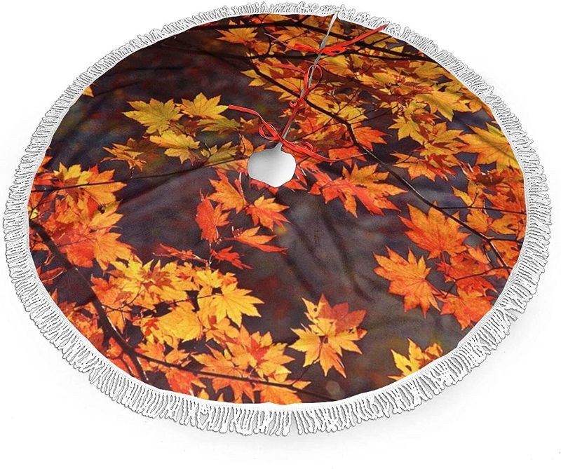 Photo 1 of Autumn Leaves Christmas Tree Skirt Funny Large Christmas Tree Mat 36" Xmas Tree Skirt Carpet Mat Large Round Pad Classic Holiday Party Ornament Decoration Indoor Outdoor
