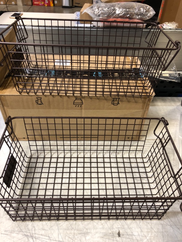 Photo 2 of 2 Pack Stackable Wire Storage Baskets With Handles, For Kitchen, Bathroom, Cabinets, Cupboards, Counter Top - Freezer & Pantry Organizer Bins, For Snacks, Drinks, Potatoes, Onions, Meat(Brown-XL) Brown-middle-2