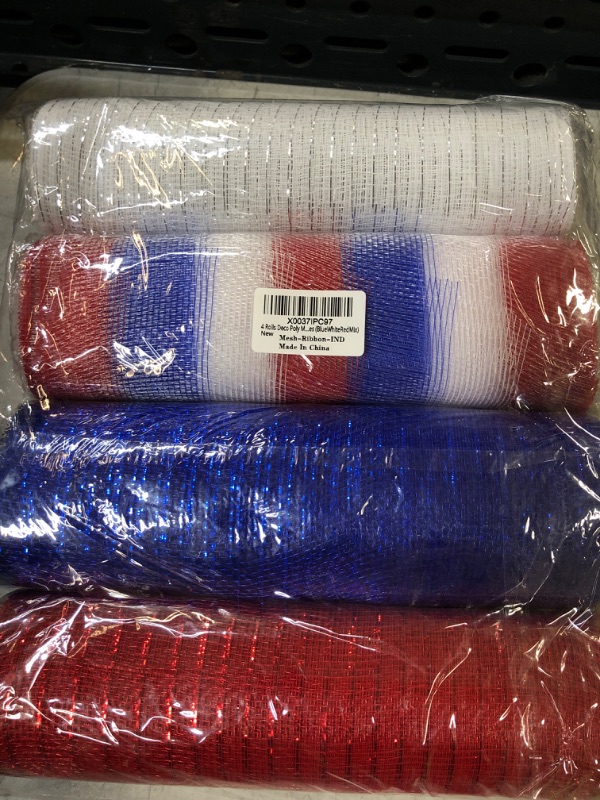 Photo 2 of 4 Rolls 4th of July Patriotic Deco Mesh Ribbon 10 inch x 30 feet Each Roll, Independence Day Ribbon Poly Mesh Metallic Foil Ribbon for Wreath Decoration DIY Crafts Making Supplies