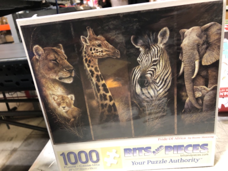 Photo 2 of Bits and Pieces - 1000 Piece Jigsaw Puzzle - Pride of Africa, African Jungle Animals; Lions, Giraffes, Elephants and Zebras - by Artist Ruane Manning - 1000 pc Jigsaw