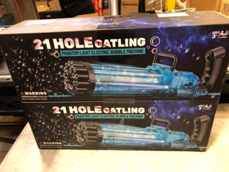 Photo 2 of 2Pcs 21 Hole Bubble Gun with Bubble Solution for Kids That Can Make Massive Bubbles, Electronic Automatic Bubble Blower with Lights,as Summer Gifts for 3 4 5 6 7 8 9 10 Year Old Boys Girls Toddler-----factory sealed