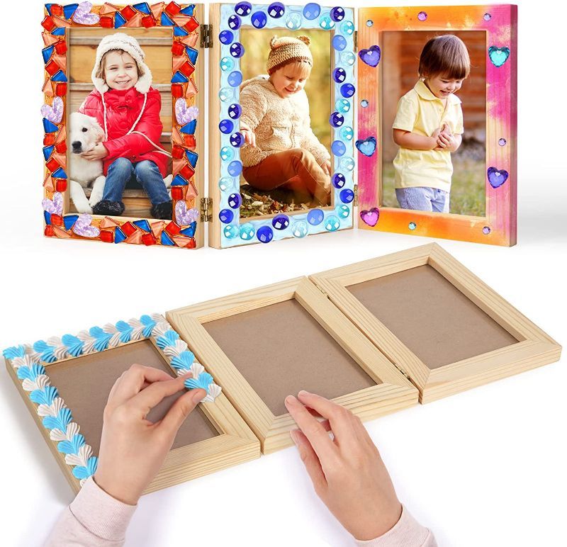 Photo 1 of 2 Pcs Triple Wooden Frames for DIY Crafts- Unfinished Folding Picture Frames Natural Pinewood Standing 4x6 inches Photos Craft Frames Set to Decorate for Adults and Kids
