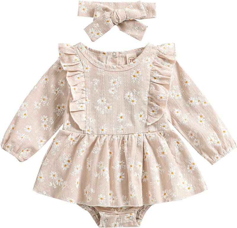 Photo 1 of Infant Baby Girls Long Sleeves Daisy Bodysuit Spring Fall Ruffle Pleated Dress Romper Headband Outfit Clothes YELLOW 
SIZE 0-6MONTHS