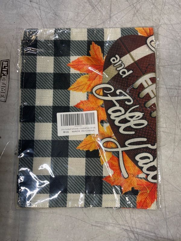 Photo 2 of 2 Pcs Football Fall Garden Flags 12x18 Double Sided, Burlap Football Farm Truck And Maple Leaves Buffalo Plaid Thanksgiving Garden Flags, Outdoor Yard Decorations for Football Fans Fall Gifts
