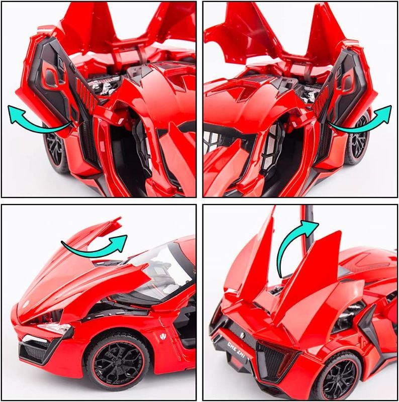 Photo 2 of BDTCTK 1/24 Lykan Hypersport Supercar Model Car, Zinc Alloy Pull Back Toy car with Sound and Light for Kids Boy Girl Gift(Red)