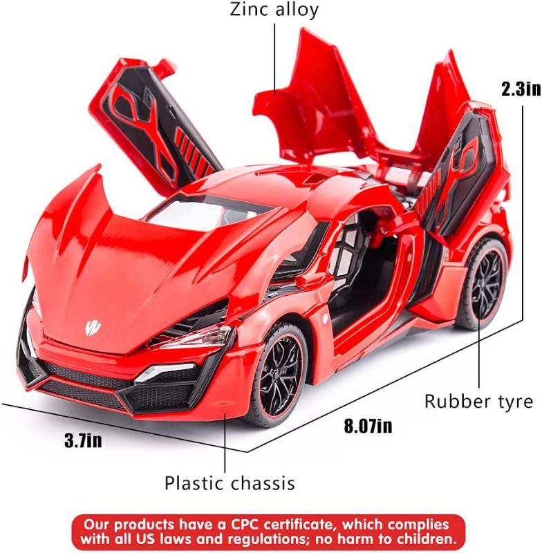 Photo 3 of BDTCTK 1/24 Lykan Hypersport Supercar Model Car, Zinc Alloy Pull Back Toy car with Sound and Light for Kids Boy Girl Gift(Red)