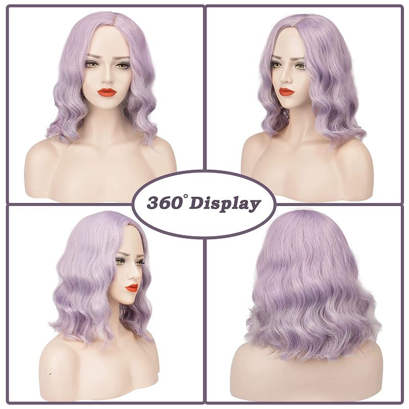 Photo 2 of FESHFEN Lilac Purple Short Bob Wig for Women 14 Inch Natural Pastel Curly Wavy Wig with L Part Shoulder Length Synthetic Colorful Costume Cosplay Wigs