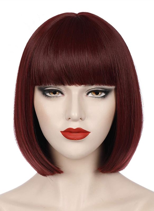 Photo 1 of Bopocoko Burgundy Bob Wigs for Women Costume Short Straight Hair Wig with Bangs Color Natural Cute Synthetic Wigs for Party Halloween BU110WR