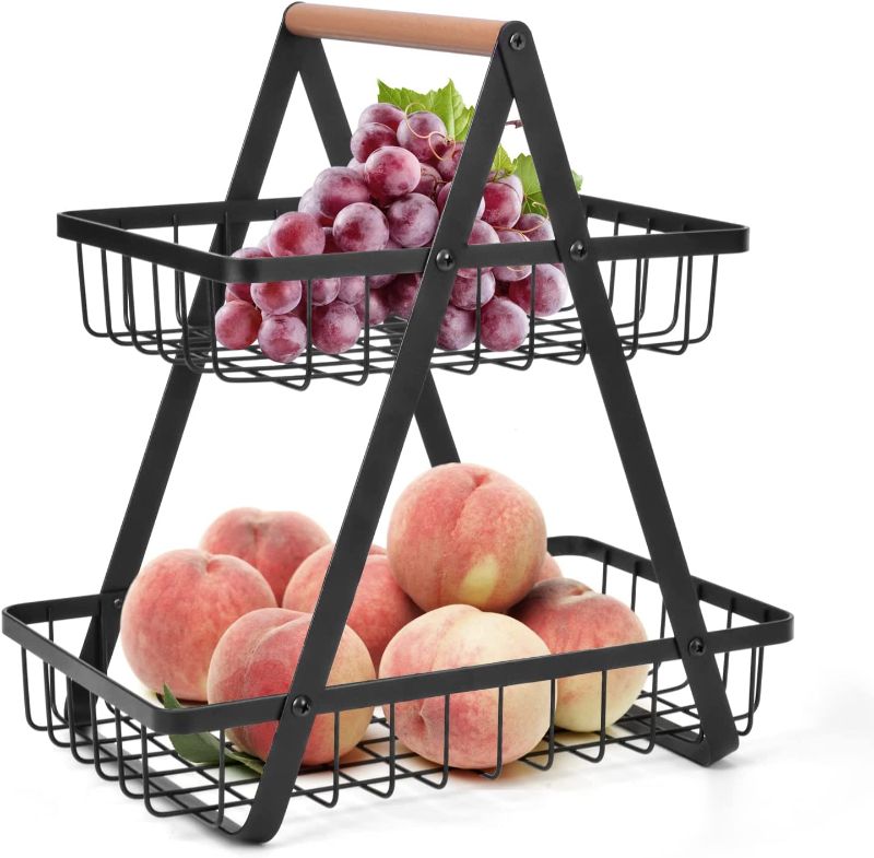 Photo 1 of 2-Tier Countertop Fruit Basket, Wire Fruit Bowl Bread Basket Vegetable Storage Stand for Kitchen Counter, Black