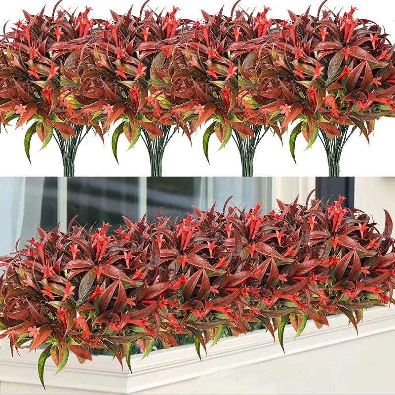 Photo 1 of 6 Pcs Artificial Flowers for Outdoor, Fall Flowers UV Resistant Plastic Fake Flowers Morning Glory Shrub Greenery Faux Flowers for Porch Hanging Planter Window Garden Farmhouse Home Decor (Orange Red)