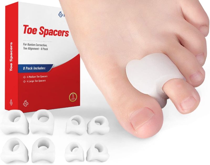Photo 1 of [8 Pack ] Ped-Rx Silicone Gel Toe Separators Spacers - to Correct Bunions, Hallux Valgus, Straighten Overlapping Toes, Realign Crooked Toes, Hammer Toe (4 Bigger, 4 Smaller)
