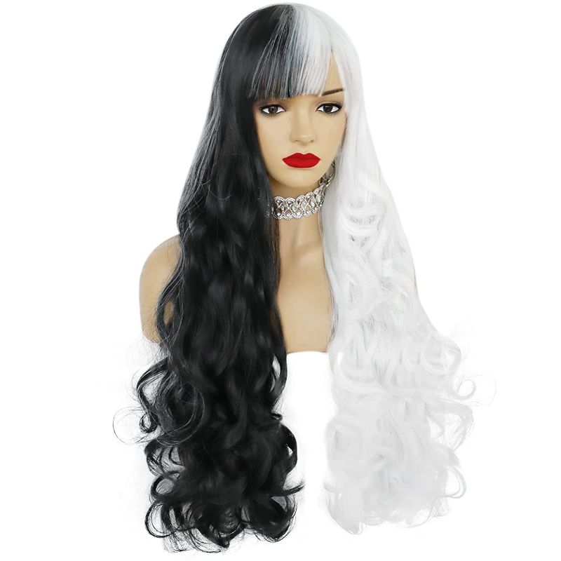 Photo 1 of ANOGOL Hair Cap+32" 80cm Half Wig Black Wig And White Wig With Bangs For Halloween Costume, Long Black And White Wig Cosplay Wig For Halloween Party, Long Wavy Women's Costume Wigs Cosplay Wig
