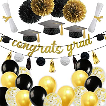 Photo 1 of 2022 Graduation Decoration Kit,Graduation Party Supplies Congrats Grad Banner Honeycomb Black Gold Balloons and Paper Pompoms for Grad Party Supplies(29pcs)