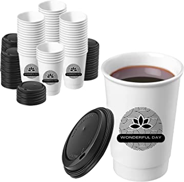 Photo 1 of [50 Count] Hot Beverage Disposable White Paper Coffee Cup with Black Lid, Coffee Double Paper Cups. Wonderful Day Cups. (16 oz)