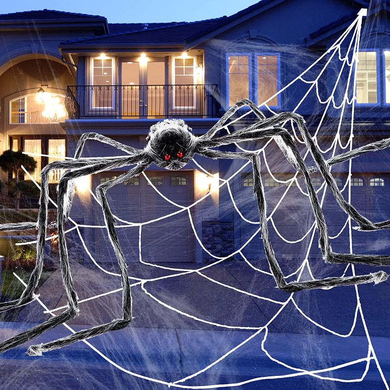 Photo 1 of 2 Pcs Halloween Spider Decorations, 59" Giant Spider 276" Triangular Spider Web, Huge Stretch Web and Ground Stakes for Indoor Outdoor Haunted House Garden Lawn Halloween Decor  -- FACTORY SEALED --
