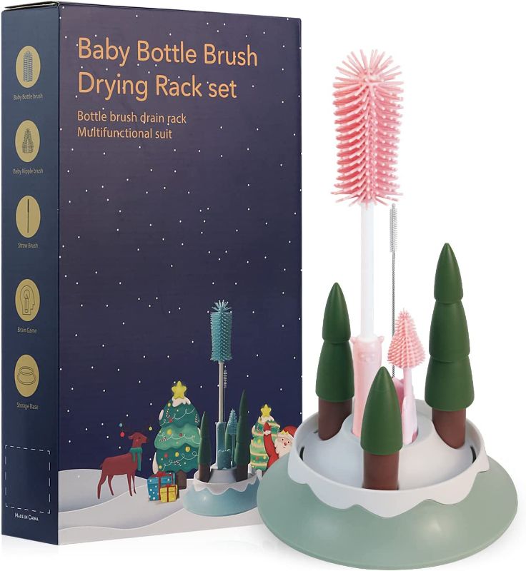 Photo 1 of Augensterm Baby Bottle Brush and Drying Rack Set with Bottle Cleaner Brush and Christmas Tree Bottle Drying Rack, Gift for Baby Registry or New Parents, Pink
