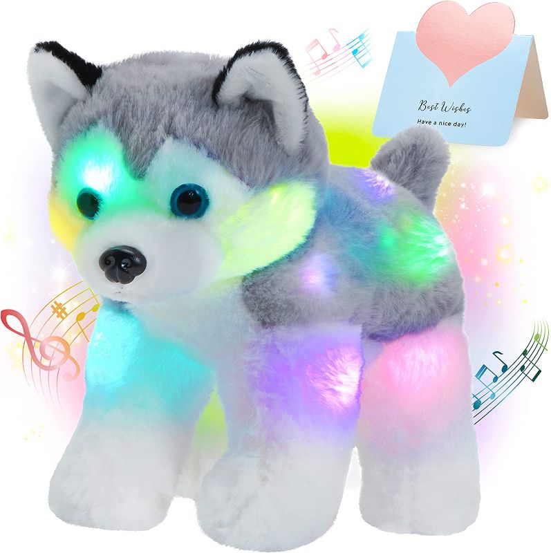 Photo 1 of Bstaofy 12’’ Musical Light up Husky Puppy Stuffed Animal Realistic LED Singing Dog Soft Plush Toy with Night Lights Lullaby Glow in The Dark Birthday for Toddler Kids
