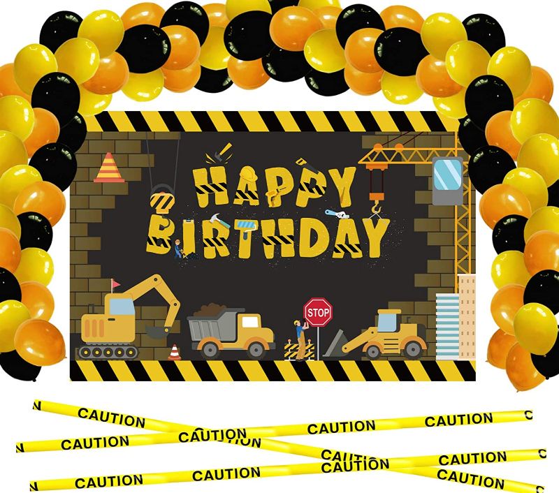 Photo 1 of Construction Backdrop with Balloons Garland Kit for Dump Truck Birthday Photo Background for Kids Construction Birthday Party Supplies Decorations 5x3ft 56 Pack
