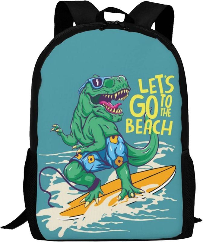 Photo 1 of Kids Dinosaur Backpack for Boys Girls Dinosaur Surfing Hawaii Bookbags Elementary Middle High School Bag Large Capacity 17 inch Big Student Backpack for School and Travel
