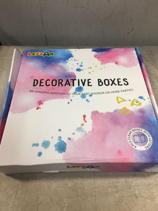 Photo 1 of Baby Boxes With Letters for Baby Shower Decorations Girl Boy Gender Reveal Decoration Clear Balloon Box, 4 Full Transparent PET Plastic Reusable Baby Blocks for First Birthday Party Decor Backdrop White Letters