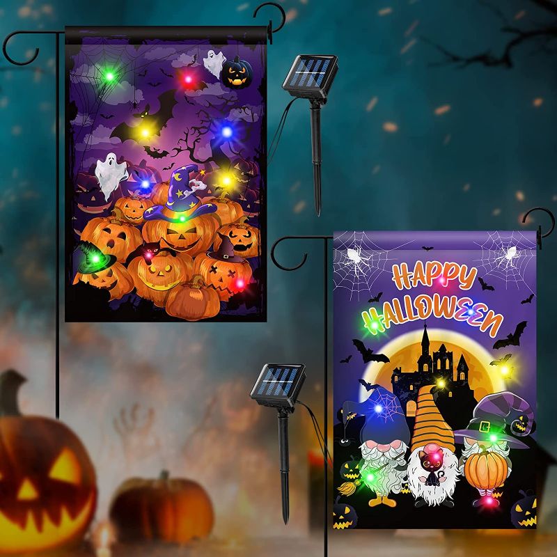 Photo 1 of 2 Pack Solar LED Lighted Garden Flag Halloween Double Sided Pumpkin Garden Flag for Outdoor Yard Garden Thanksgiving Christmas Party Decoration, 12 x 18 Inch(Stylish Style)
