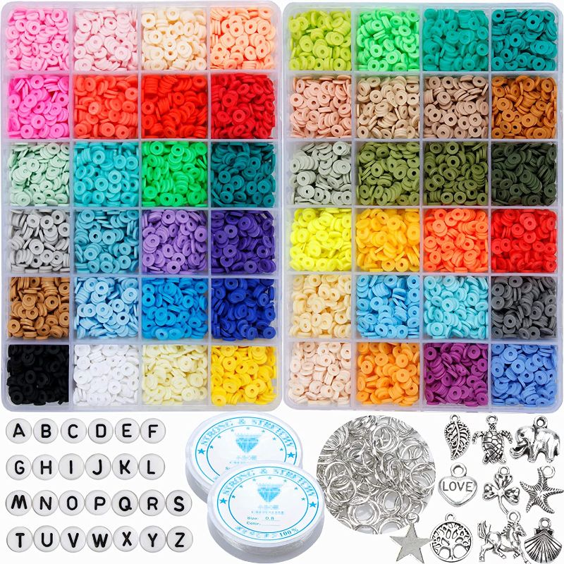 Photo 1 of 12000 Pcs Clay Beads Bracelet Making Kit - 48 Color Polymer Clay Beads, 200 Pcs A-Z Letter Beads, Pendant, Jump Rings and Elastic Cords for DIY Jewelry Making
