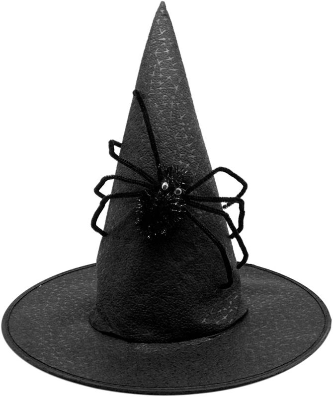 Photo 1 of Halloween Black Witch Hat with Black Fluffy Spider Halloween Witch Cap for Adults Halloween Costume Accessory