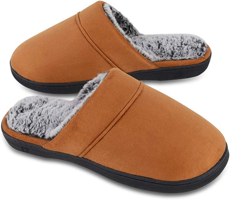 Photo 1 of DL Men's Memory Foam Slippers with Fuzzy Plush Lining, Slip on House Slippers with Indoor Outdoor Anti-Skid Rubber Sole SIZE 9-10