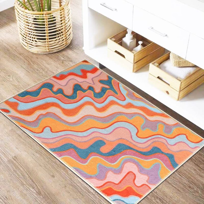 Photo 1 of Abstract Rainbow Bathroom Rug 2x3 Faux Wool Area Rug Soft Non-Slip Bath Rugs Modern Geometric Bath Mat Cute Bathroom Rugs Machine Washable Floor Mat Carpet for Bedroom Bathroom Sink