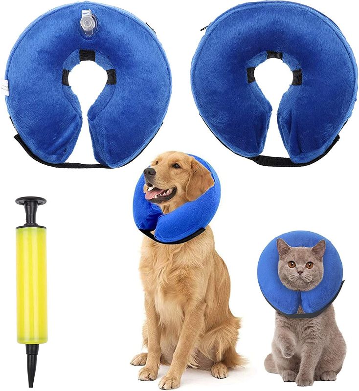 Photo 1 of (( FACTORY SEALED )) IYSHOUGONG 2 Pack Blue Pets Inflatable Dog Collar Adjustable Cone After Pet Surgery Protective Inflatable Collar Prevent Pet from Biting & Scratching with 1 PCS Inflater for Dogs and Cats
