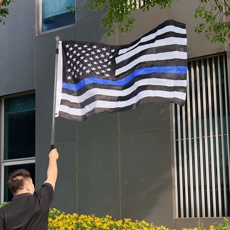 Photo 1 of (( FATCORY SEALED )) Pucentra Thin Blue Line Flags 5x8 FT Embroidered Stars Police Flag Heavy Duty Back The Blue Flag Stripe Blue Line Lives Matter Flags Brass Grommets Quadruple Stitched Fly End 210D Hi-density Nylon

