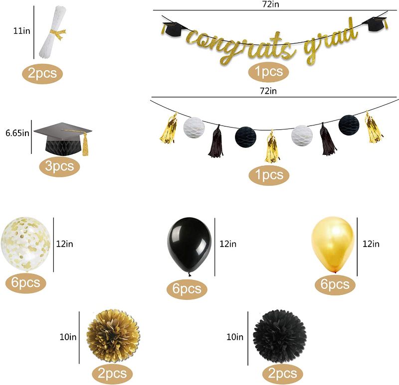 Photo 1 of 2022 Graduation Decoration Kit,Graduation Party Supplies Congrats Grad Banner Honeycomb Black Gold Balloons and Paper Pompoms for Grad Party Supplies(29pcs)
