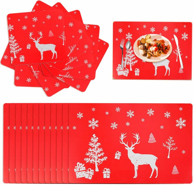 Photo 2 of 24PCS Christmas PVC Placemats Coasters Set, Reindeer Xmas Table Mats for Dining Room Kitchen Table Decoration
