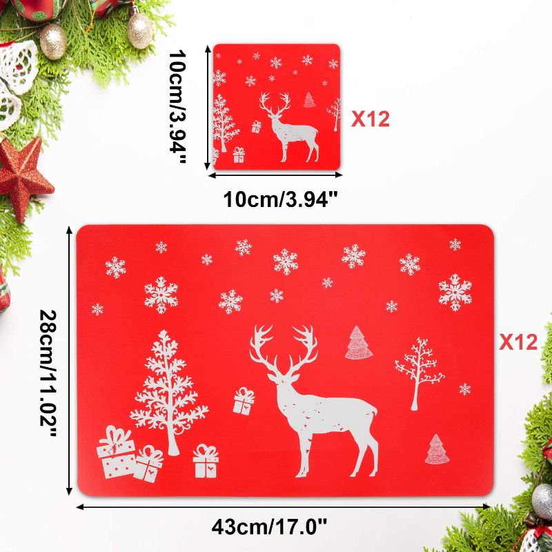 Photo 1 of 24PCS Christmas PVC Placemats Coasters Set, Reindeer Xmas Table Mats for Dining Room Kitchen Table Decoration
