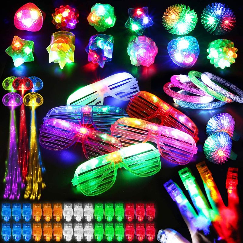 Photo 1 of 78PCs LED Light Up Toy Party Favors Glow In The Dark,Party Supplies Bulk For Adult Kids Birthday Halloween With 50 Finger Light, 12 Jelly Ring, 6 Flashing Glasses, 5 Bracelet, 5 Fiber Optic Hair Light
