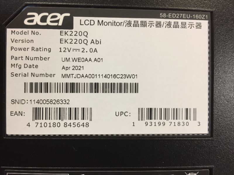 Photo 4 of Acer EK220Q Abi 21.5" Full HD (1920 x 1080) VA Monitor | 75Hz Refresh Rate | 5ms Response Time | 1 x HDMI & 1 x VGA Port (HDMI Cable Included)