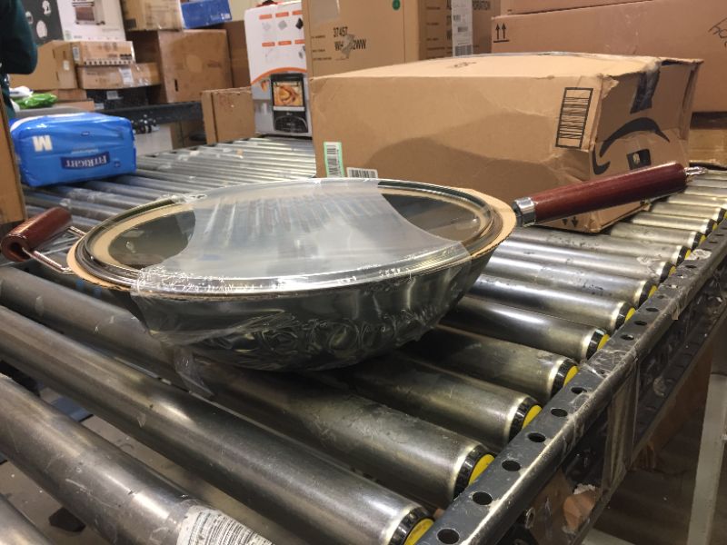 Photo 2 of 21st & Main Light weight Cast Iron Wok, Stir Fry Pan, Wooden Handle, with Glass lid, 14 Inch, chef’s pan, pre-seasoned nonstick, commercial and household, for Chinese Japanese and others Cooking 14 inch with lid