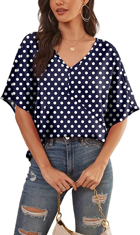 Photo 1 of Feiersi Womens Floral Chiffon Blouses V Neck Batwing Short Sleeve Summer Tops Shirts- size XXL