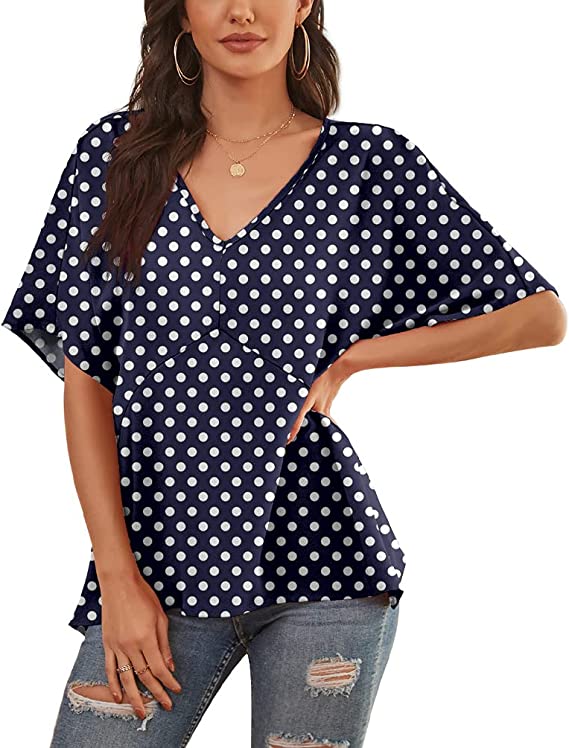 Photo 2 of Feiersi Womens Floral Chiffon Blouses V Neck Batwing Short Sleeve Summer Tops Shirts- size XXL