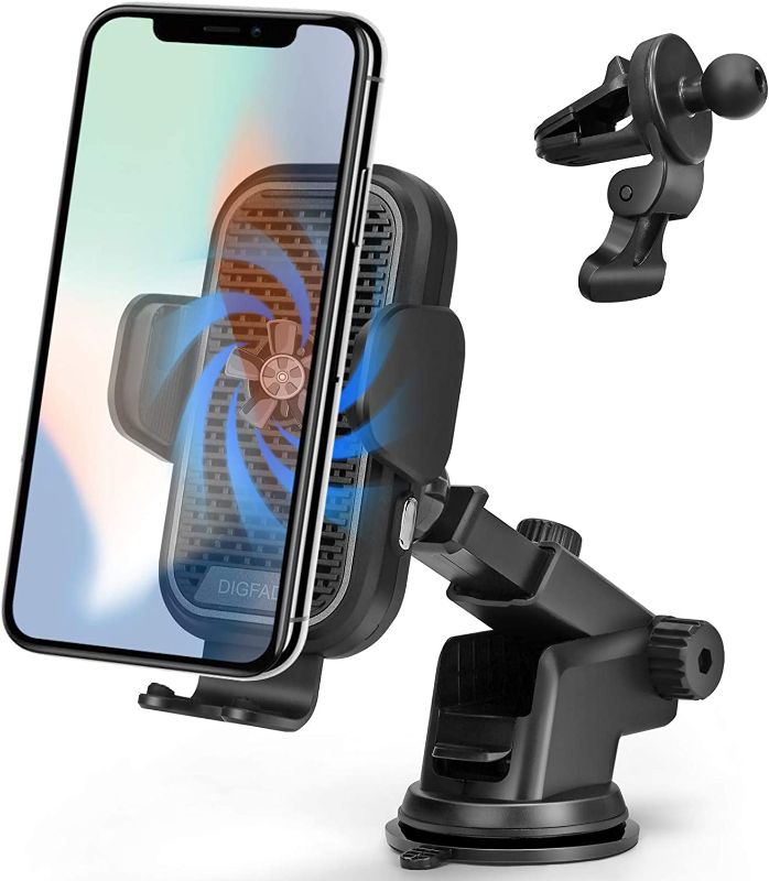 Photo 1 of DIGFAD Cell Phone Holder for Car, 15W Qi Wireless Charger, Auto Clamping, Built-in Cooling Fan, Mount to Windshield, Dashboard, Air Vent, Works with iPhone 12 Mini 11 Pro Max XS XR X 8 Samsung S10 S9