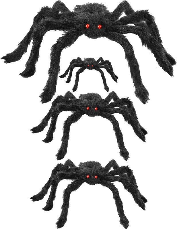 Photo 1 of 4pcs Realistic Fake Hairy Spider set Large Scary Spider Toys with Red Eyes for Indoor Outdoor Halloween Decorations Yard Patio Lawn Windows Home Costumes Party Haunted House Creepy Décor 35.5" 24" 12"