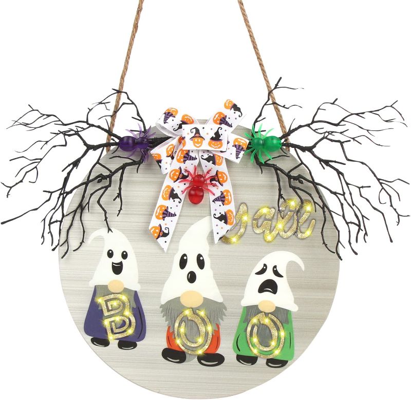 Photo 1 of CCINEE Halloween Prelit Welcome Sign with Lights LED Ghost Boo Wooden Hanging Wreath Sign Battery Operated Spooky Door Hanger Decor with Spider Ornaments for Front Door Home Wall Decoration Party Supply
