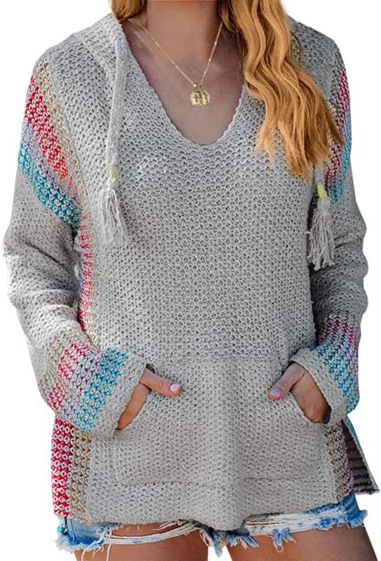 Photo 1 of FERBIA Women Boho Sweater Hooded Hoodie Baja Colorblock Pullover Striped V Neck Mexican Knit Christmas Sweatshirt
Size XL