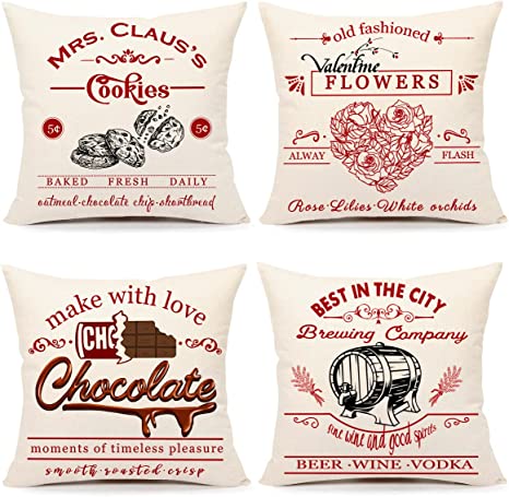 Photo 1 of 4TH Emotion Valentines Day Pillow Covers 18x18 Set of 4 Spring Farmhouse Decor Cookies Flowers Chocolate Holiday Decorations Throw Cushion Case for Home Decorations TH079

