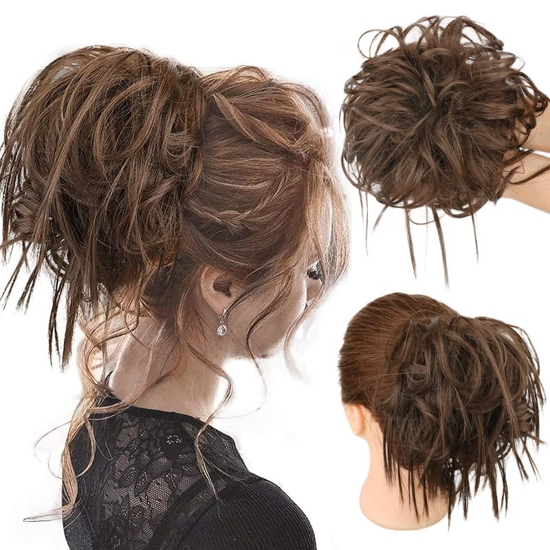 Photo 1 of HMD Tousled Updo Messy Bun Hair Piece Hair Extension Ponytail With Elastic Rubber Band Updo Extensions Hairpiece Synthetic Hair Extensions Scrunchies Ponytail Hairpieces for Women(Tousled Updo Bun, Medium Chestnut brown)
