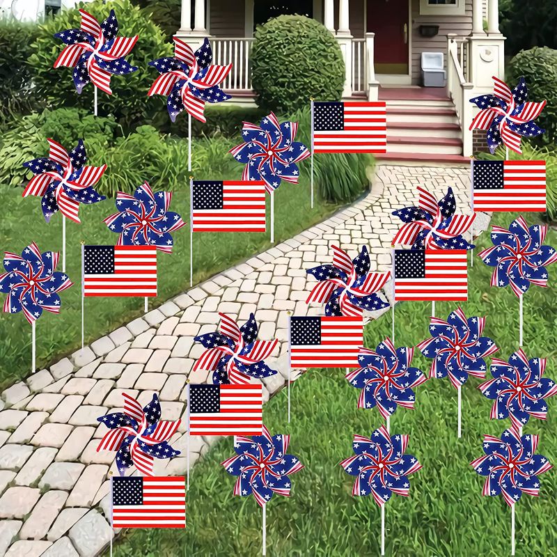 Photo 1 of 48 pcs Independence Day Patriotic Pinwheels and Flags 4th of July Decorations American Patriotic Favors for Outdoor Gardern Party Supplies
