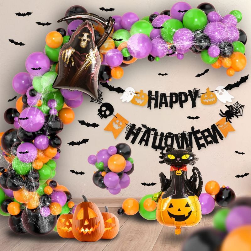 Photo 1 of 132Pcs Halloween Party Decorations Include Happy Halloween Banner, Black Orange Green Purple Balloons, Pumpkin Cat Balloons, Azrael Balloons, 3D Bat Stickers, Spider Web and Foil Curtains for Halloween Theme Decorations Home Indoor Props Decor Supplies
