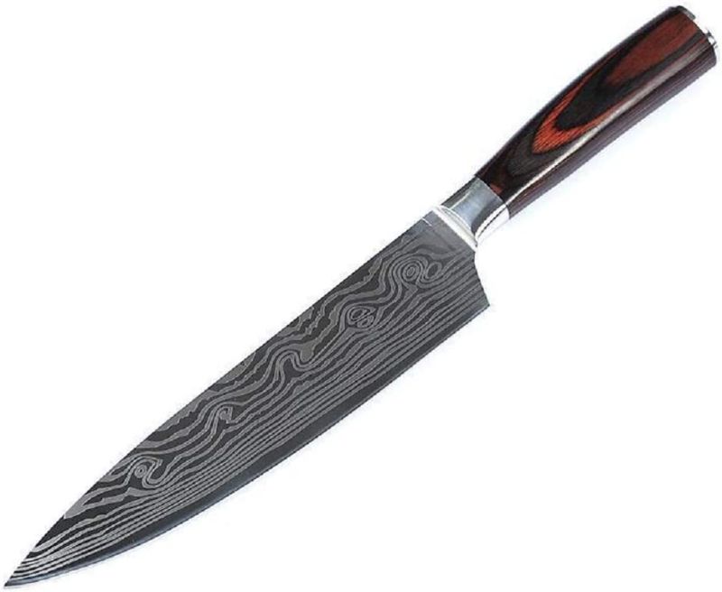 Photo 1 of 8 inch kitchen knife, cutting knife, Damascus high carbon stainless steel knife, suitable for home, restaurant, chef knife, kitchen knife, 7Cr17 steel color wood handle meat knife

